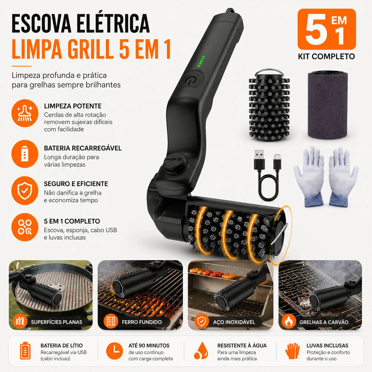 Escova Elétrica Recarregável para Limpeza de Grelhas