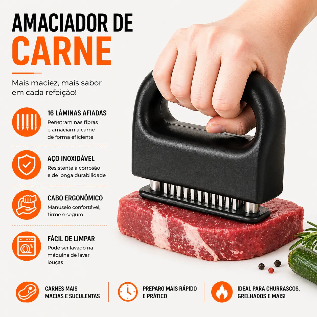 Amaciador de Carne 48 Agulhas em Aço Inox
