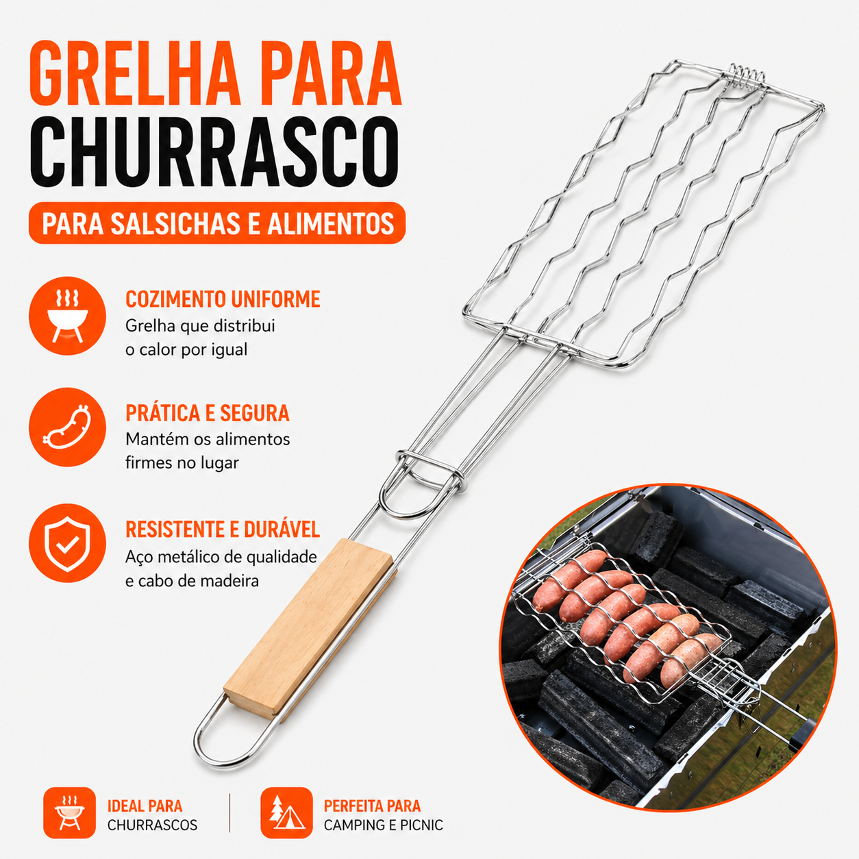 Cesto Grelhador em Aço Inox para Linguiças