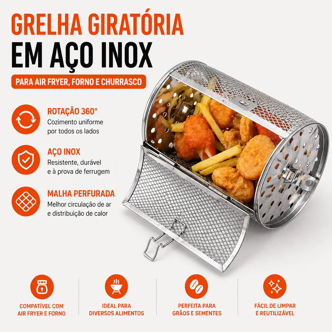 Cesto Giratório em Aço Inox para Air Fryer e Forno