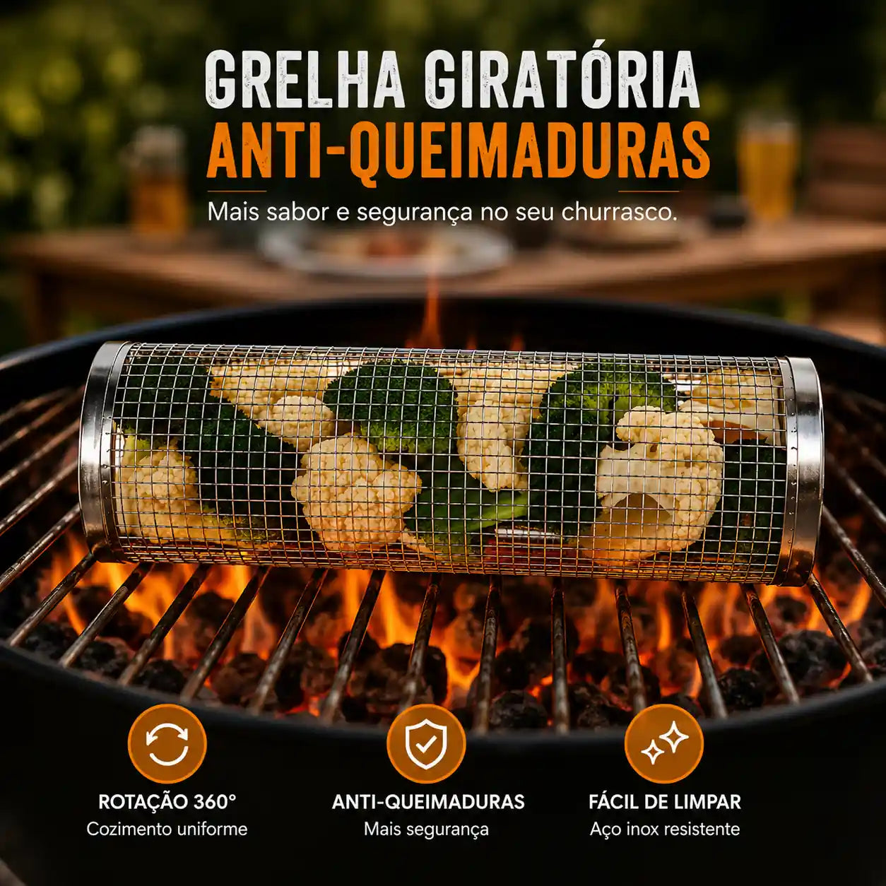 Cesto Grelhador Cilíndrico em Aço Inox para Churrasco