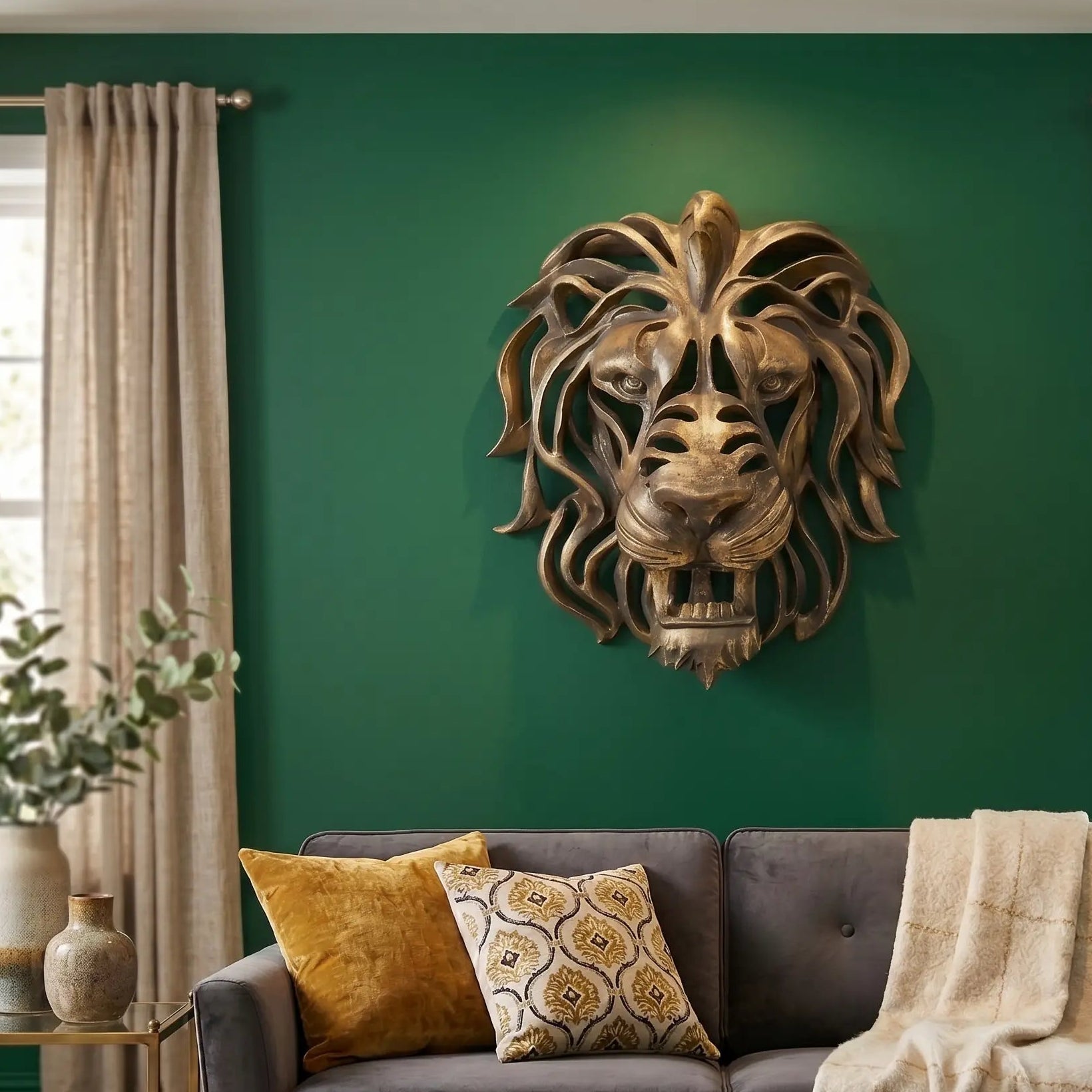 Cabeça de Leão de Ouro em Resina - Decoração de Parede