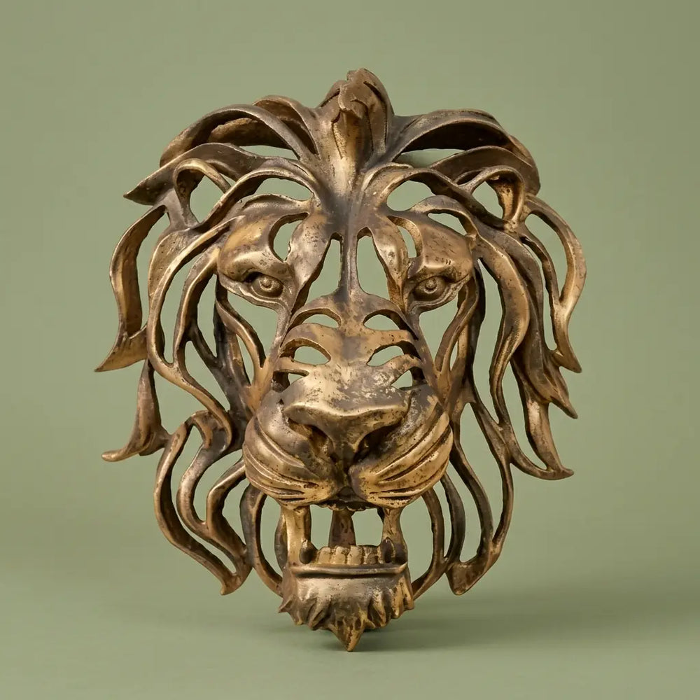 Cabeça de Leão de Ouro em Resina - Decoração de Parede