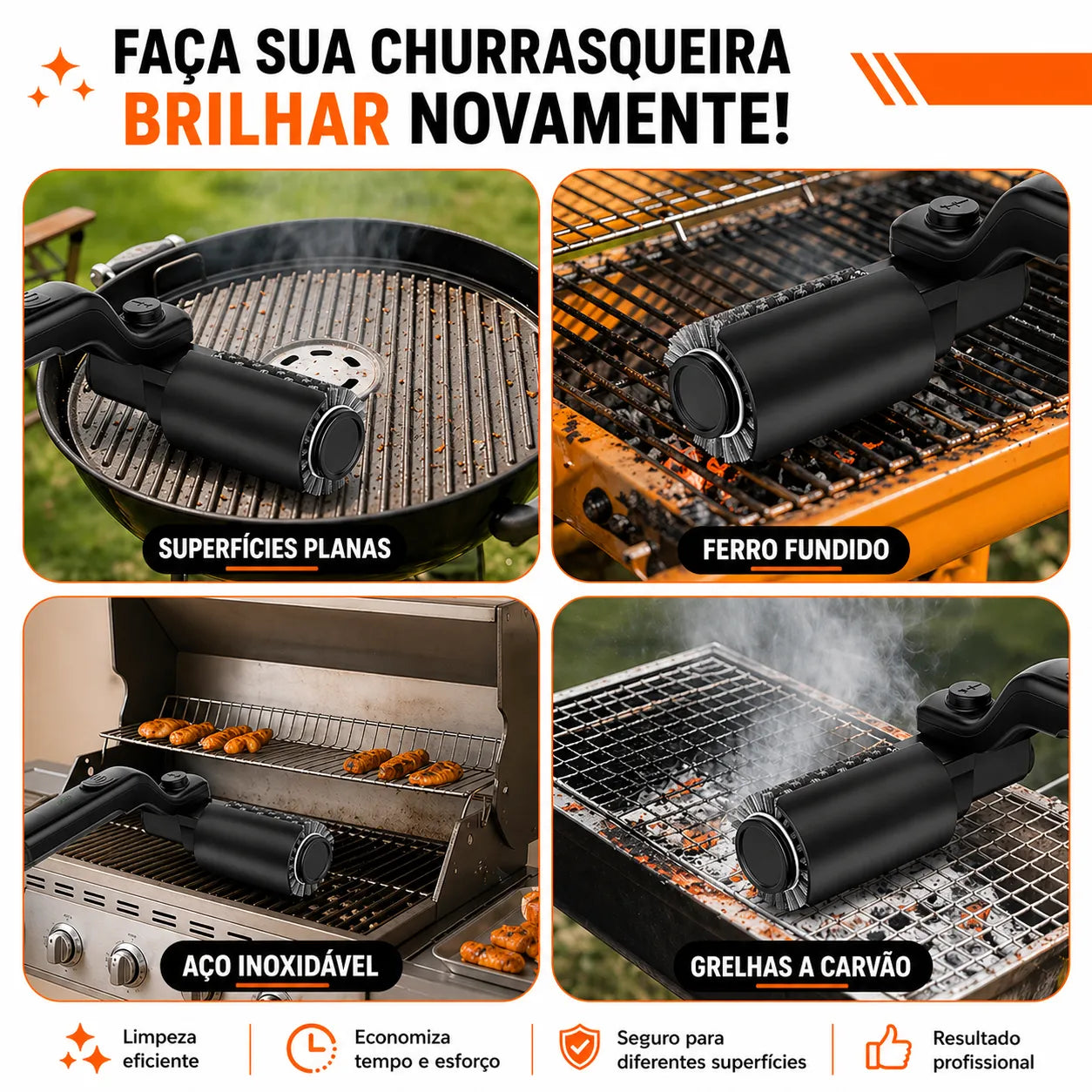 Escova Elétrica Recarregável para Limpeza de Grelhas