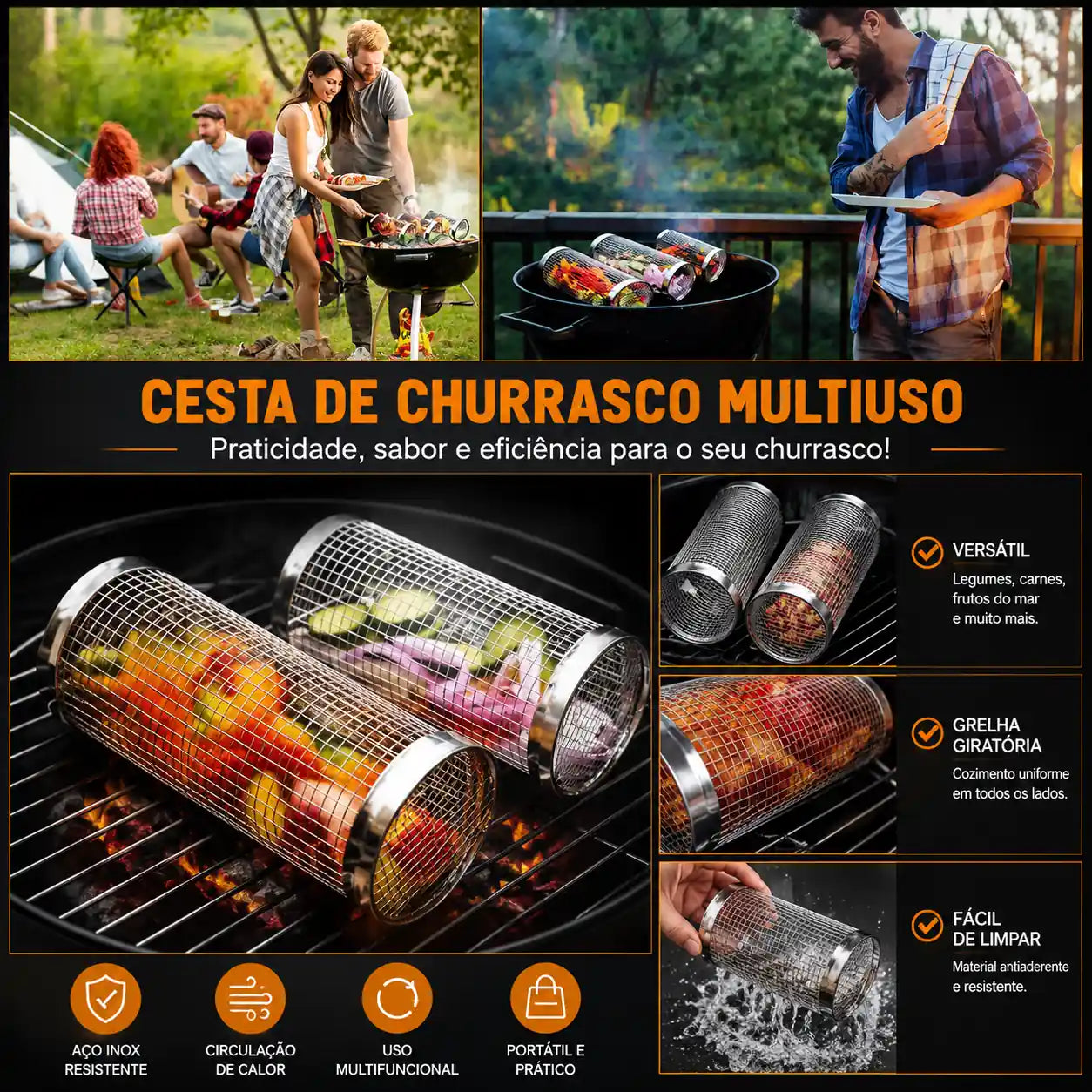 Cesto Grelhador Cilíndrico em Aço Inox para Churrasco