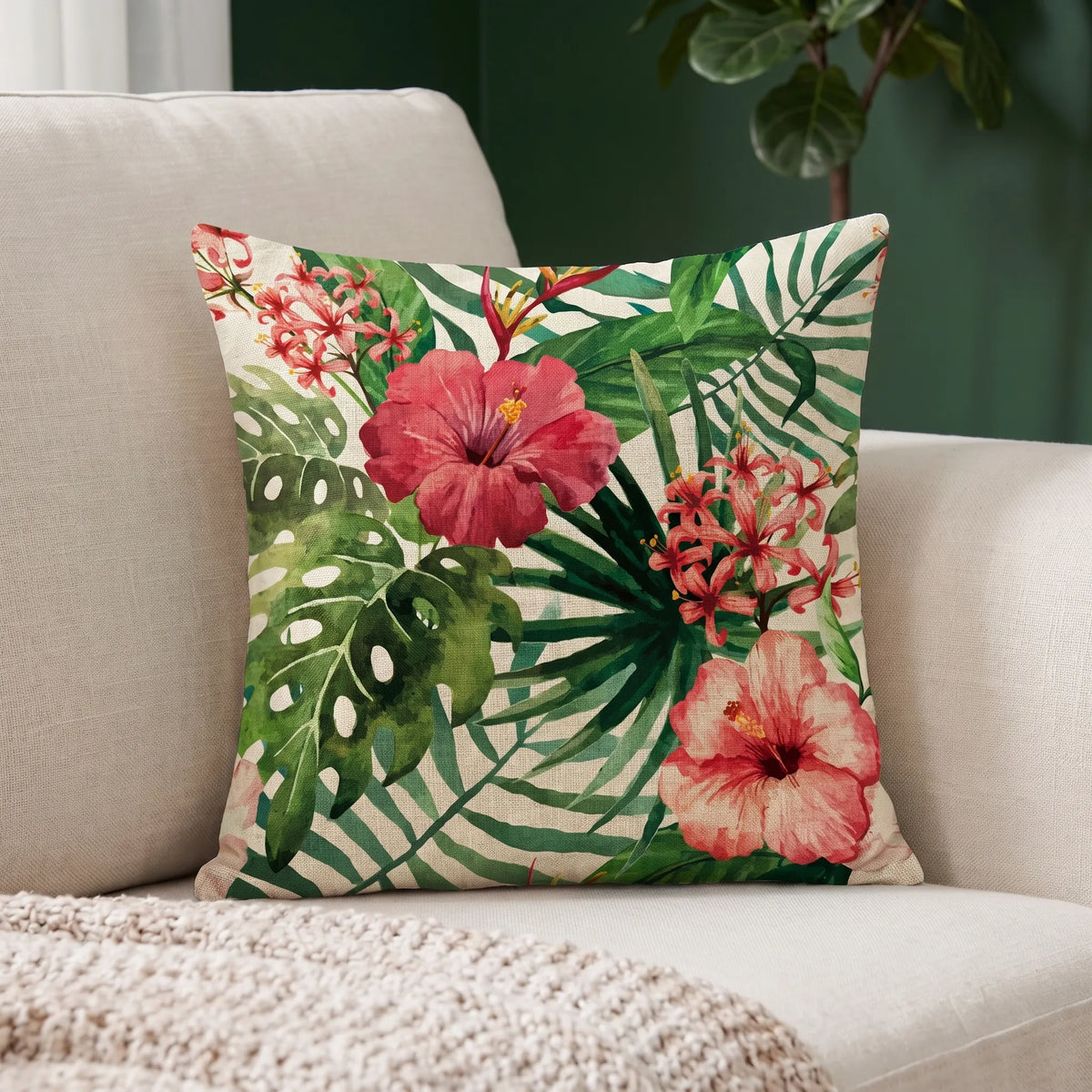 Capa de Almofada Decorativa Tropical em Linho