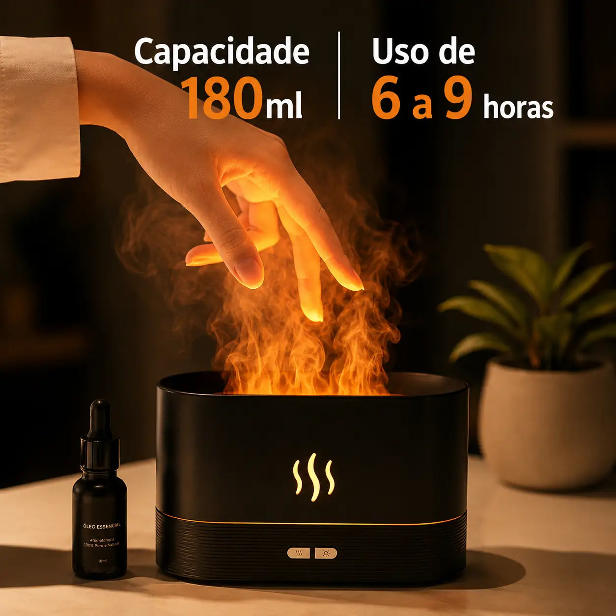 Difusor de Aroma com Efeito Chama LED e Umidificador de Mesa