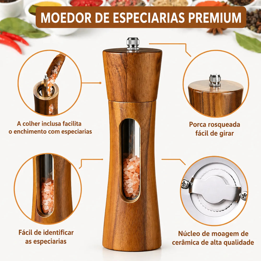 Moedor Manual de Sal e Pimenta em Madeira Maciça
