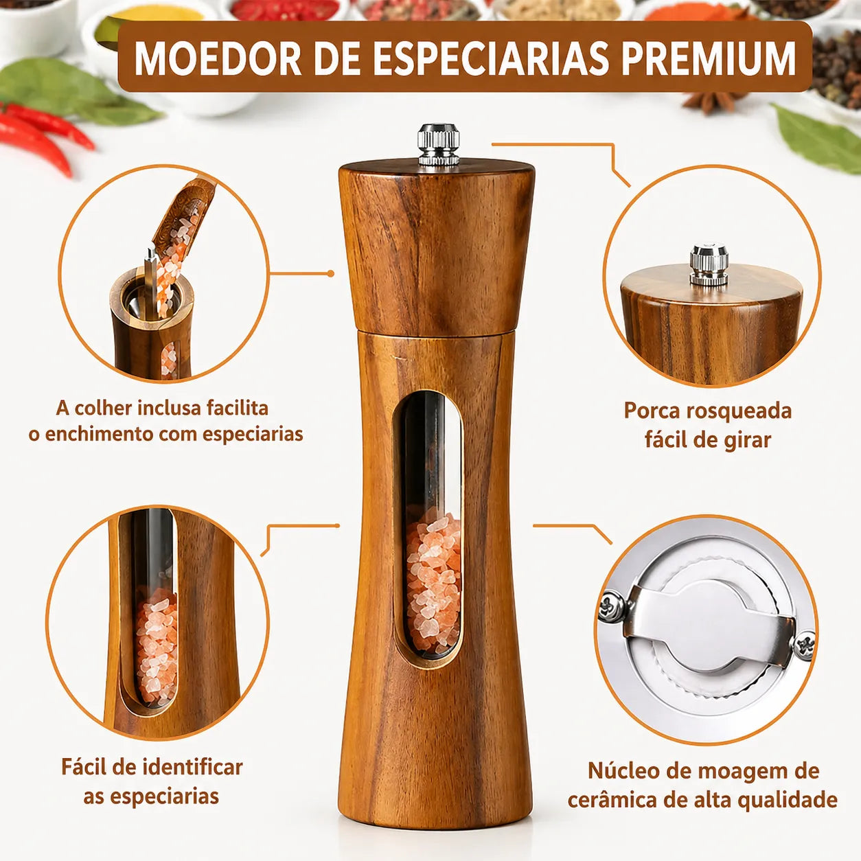 Moedor Manual de Sal e Pimenta em Madeira Maciça