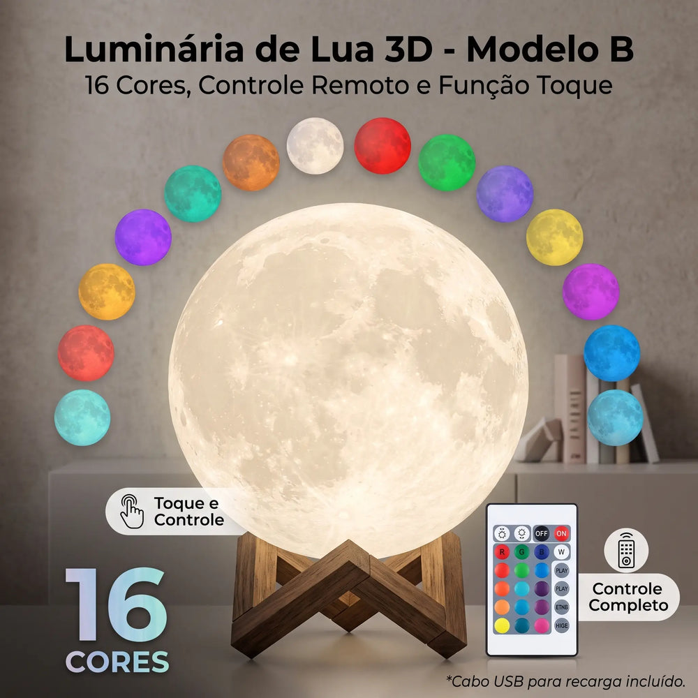 Luminária 3D Lua com Toque e Luz Colorida Recarregável