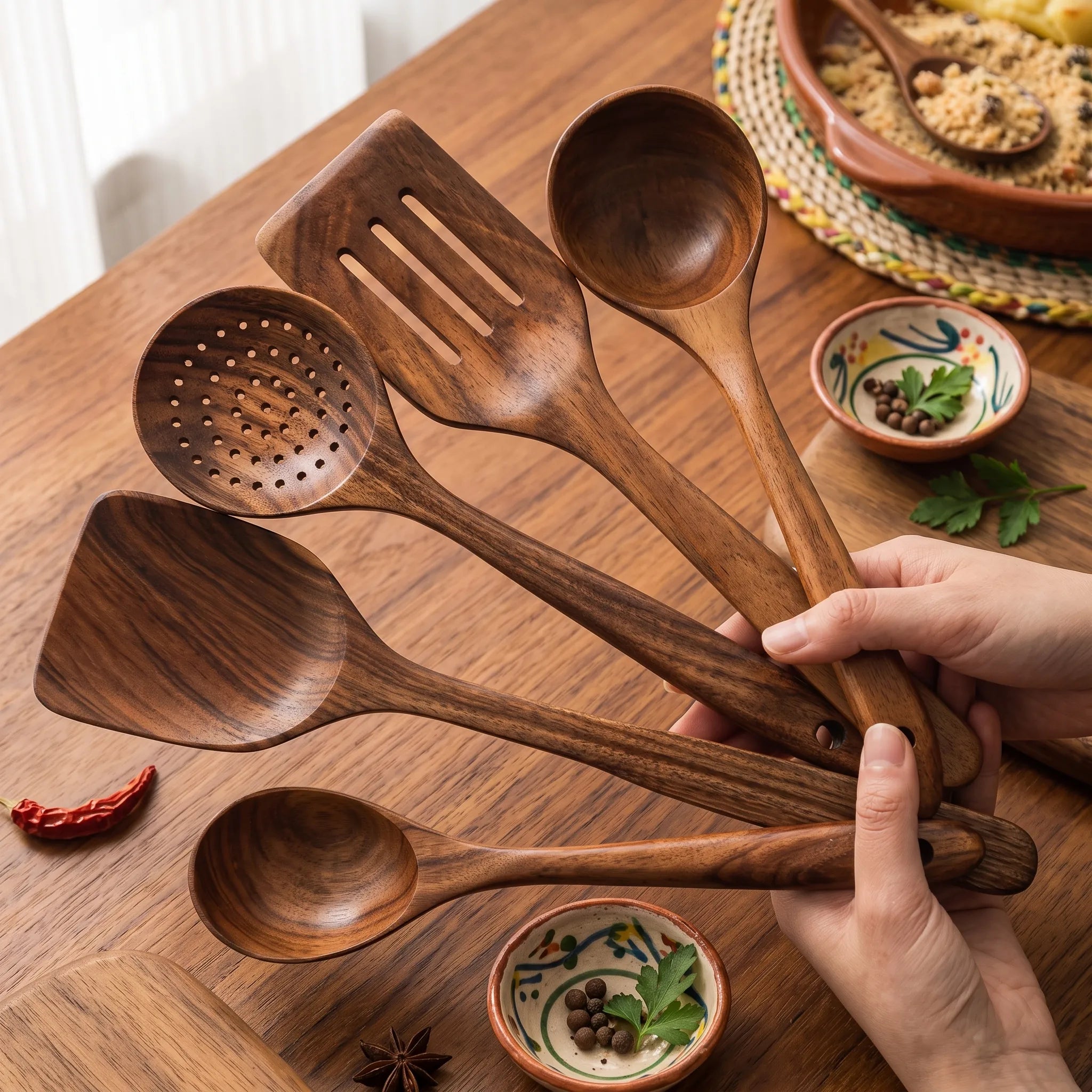Kit de Utensílios de Cozinha em Madeira de Teca