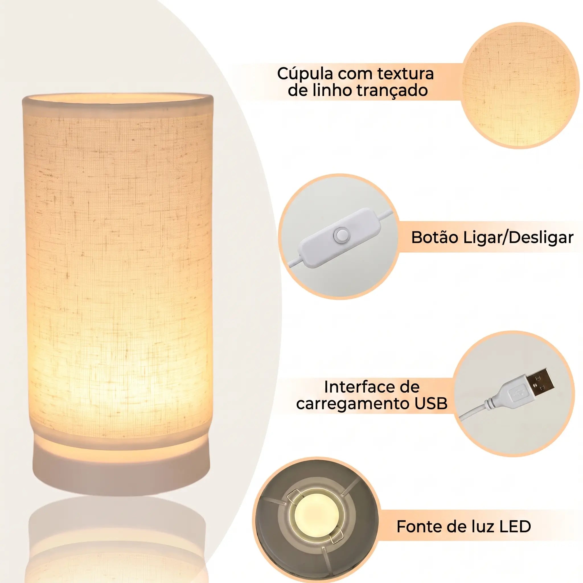 Luminária de Mesa Retrô Nórdica com Cúpula de Tecido USB