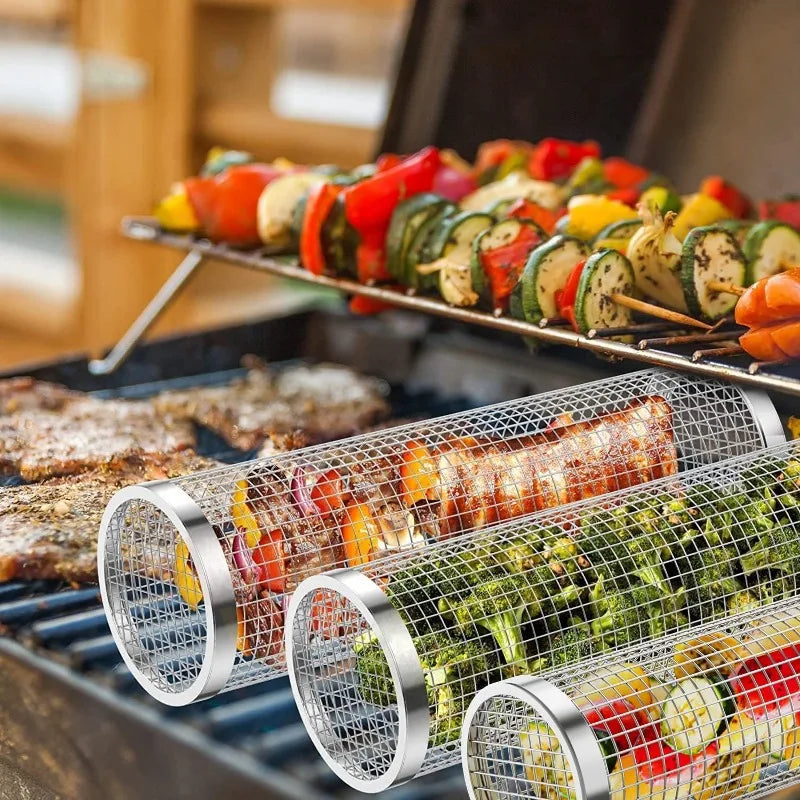 Cesto Grelhador Cilíndrico em Aço Inox para Churrasco