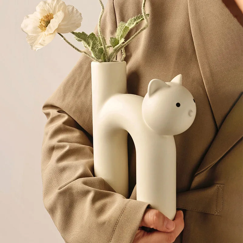 Vaso de Flores Design de Gato em Cerâmica