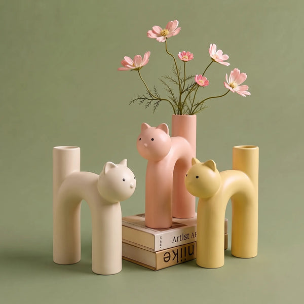 Vaso de Flores Design de Gato em Cerâmica