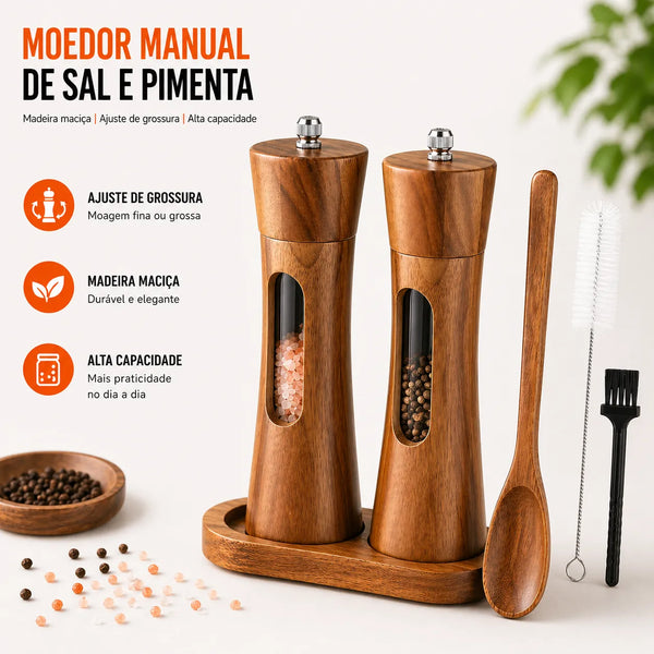 Moedor Manual de Sal e Pimenta em Madeira Maciça