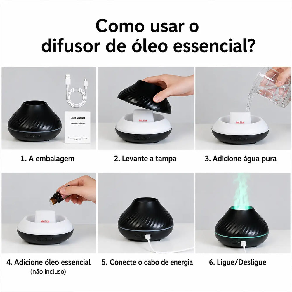 Difusor e Umidificador de Aromas Vulcânico com Chama LED