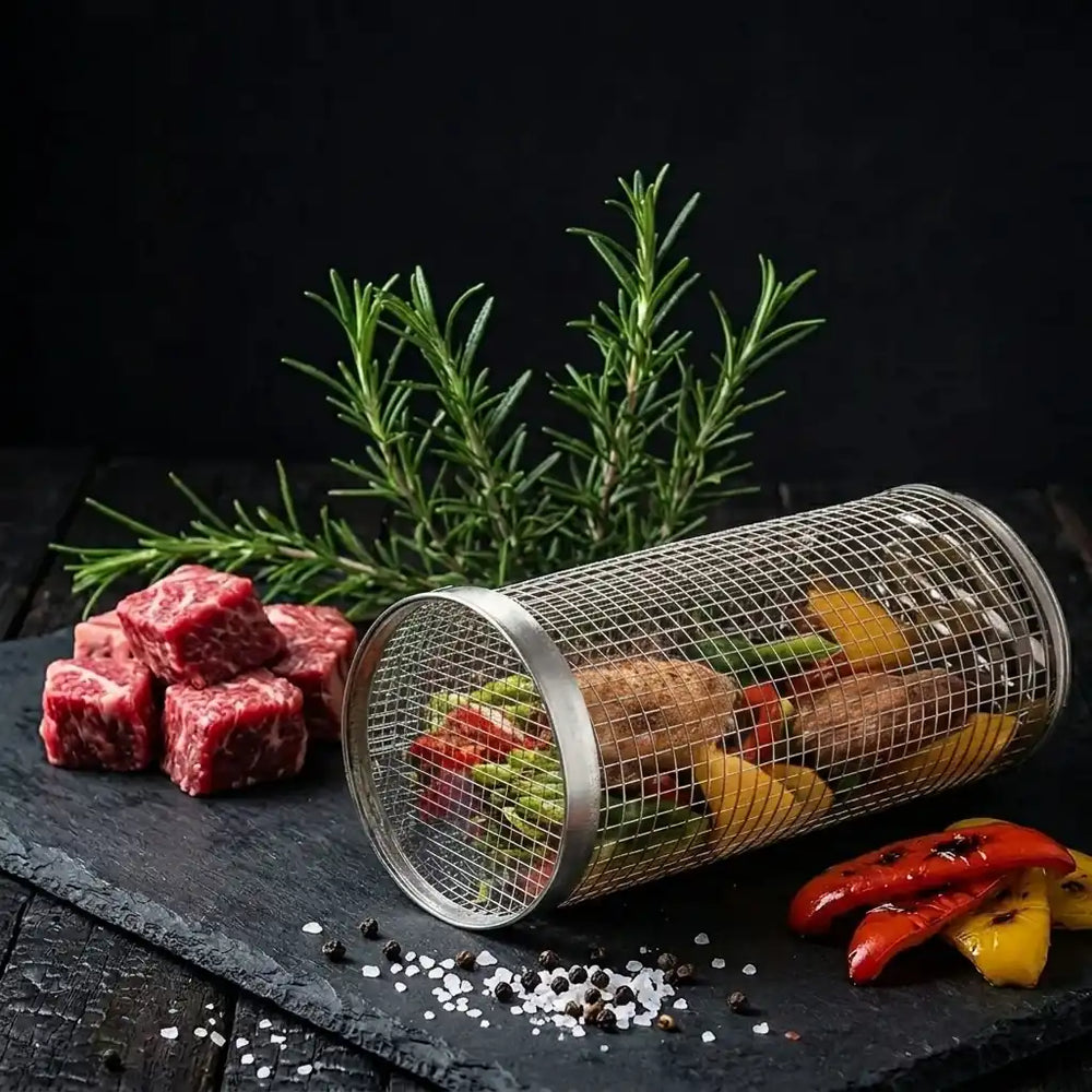 Cesto Grelhador Cilíndrico em Aço Inox para Churrasco